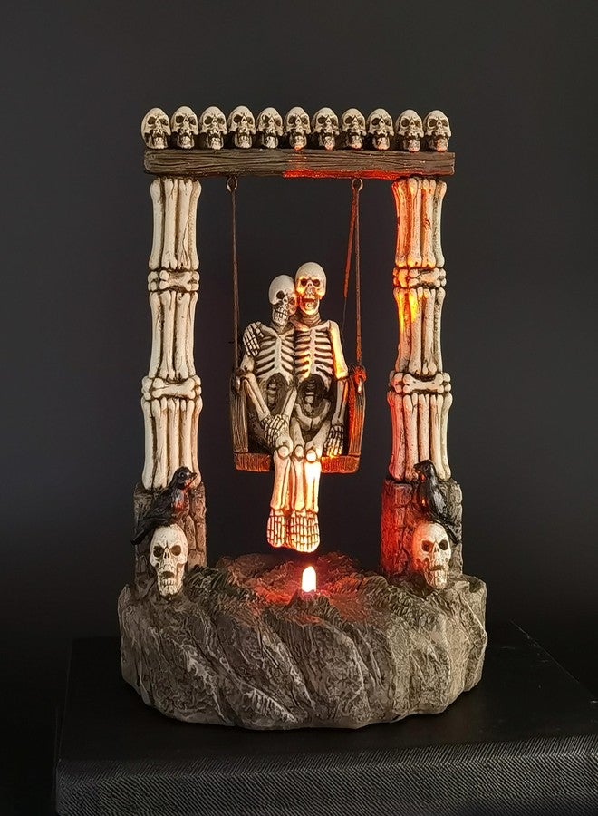 JORAE Swinging Skeleton Statue Couple on Light Up Color Changing LED Roman Pillars Skull Halloween Figurine Day of The Dead Collectible Home Decor, 6.7" H - Image 3